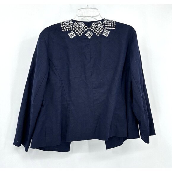 CHICOS jacket blazer linen cotton embellished studded rhinestones blue M L 2 - Picture 5 of 8